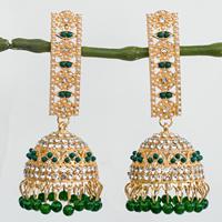 Boucles d'oreilles Jhumka en perles vertes plaquées or, bijoux de mariage indiens pour femmes