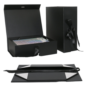 Boîte cadeau en carton renforcé en acier magnétique noir de haute qualité avec logo personnalisé, estampage à chaud et emballage pliable avec ruban - Product Image 1