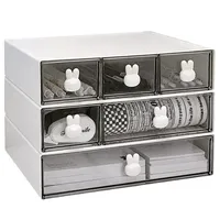 Boîte de rangement de bureau empilable pour la papeterie et le maquillage, organiseur de tiroir en plastique avec poignée en forme de lapin mignon