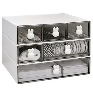 Boîte de rangement de bureau empilable pour la papeterie et le maquillage, organiseur de tiroir en <span class=keywords><strong>plastique</strong></span> avec poignée en forme de lapin mignon - Product Image 5
