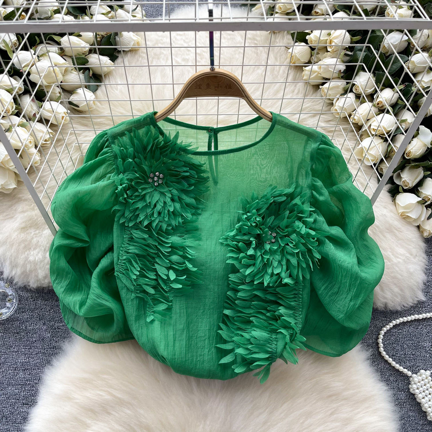 トップス Sheller 3D flower X embroidery blouse Womens 3D Flowers Ruffles Stand Collar Long Puff Sleeve Shirt