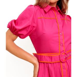 เดรสเชิ้ตสีชมพูสดใส แขนพอง แต่งเข็มขัด กระดุมหน้า ชายระบาย รุ่นใหม่ล่าสุดสำหรับผู้หญิง - Product Image 4