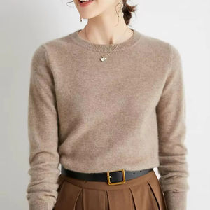 100% кашемировый свитер, Женский легкий однотонный вязаный свитер с круглым вырезом, повседневный теплый свитер с длинным рукавом для женщин - Product Image 1