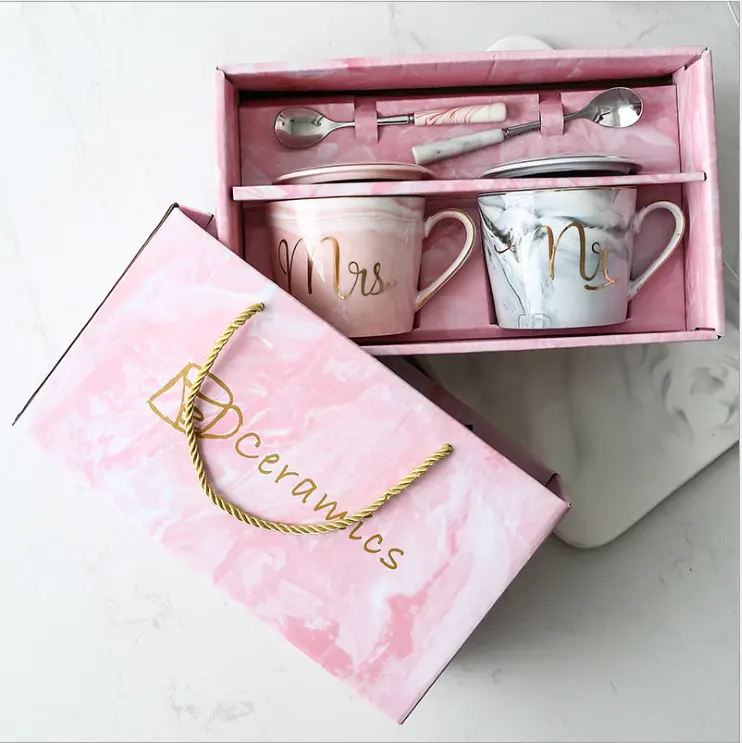 Tazza di coppia in ceramica di marmo cina regalo di nozze rosa regalo di ritorno tazze scatola di articoli borsa tazza di lusso regali set per matrimonio