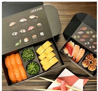 Boîte à sushi personnalisée en papier couché jetable avec laminage mat, gaufrage et impression brillante, emballage alimentaire avec séparateur pour plats à emporter