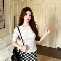Atasan Lengan Tiga Perempat Polka Dot Manis Gaya Korea Kasual untuk Wanita Kaus Lengan Pendek Berpinggang Tinggi Atasan Blus BERBANTAL Polka Dot