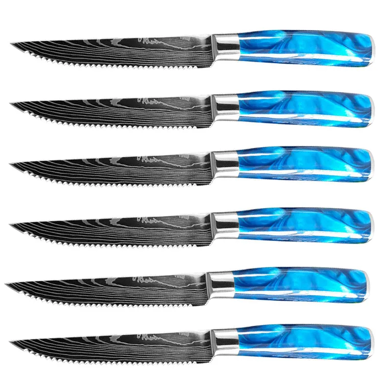 Couteaux beef damasco seghettato ultra affilato manico in resina blu caldo 6 pezzi set di coltelli da bistecca