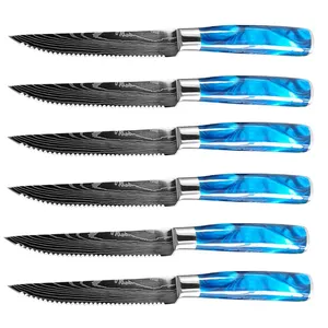 Pegangan Resin biru panas Damaskus serrated tajam kouteaux pisau daging sapi set pisau steak 6 buah