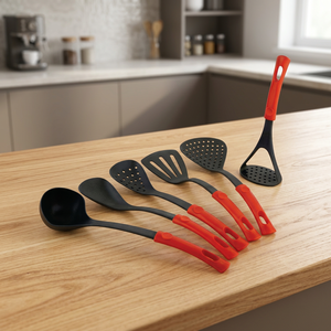Ustensile de cuisine antiadhésif Ensemble de 6 pièces avec poignée rouge Cuillère antiadhésive résistante à la chaleur Spatule Scoop Nylon - Product Image 1