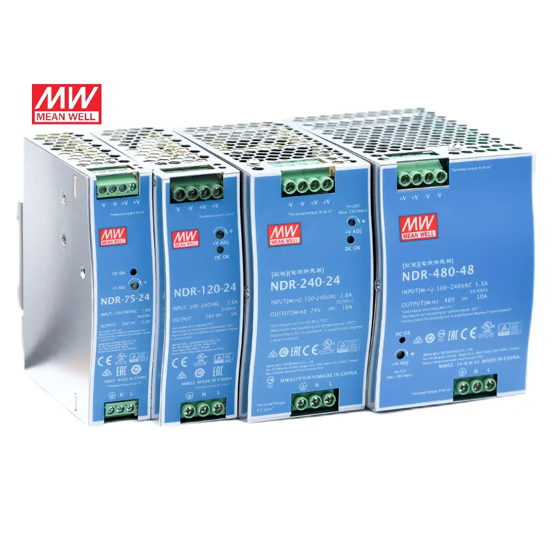 Meanwell Ndr Power 75W 120W 240W 480W 960W 12V 24V 48V Switching Din Rail Voeding Voor Industriële Controle Systeem