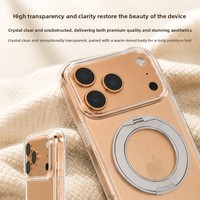 Coque de téléphone transparente en PC avec anneau magnétique et béquille pour iPhone 18/17/16/15/14, avec pare-chocs rigide résistant aux chutes et cadre d'objectif détachable