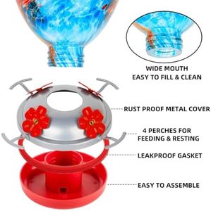 Moderno 33oz capacità soffiato a mano in vetro blu colibrì mangiatoia appesa per uccelli formica gancio per la decorazione del giardino all'aperto - Product Image 3