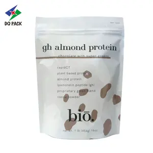 DQ pak kustom dicetak warna-warni dapat ditutup kembali bubuk protein almond kemasan makanan berdiri ritsleting kantong maylar tas
