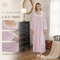 Robe de nuit trois-quarts pour femme, manches longues, dentelle, coupe ample, pour la maison et l'heure du coucher, en blanc, noir et violet lavande