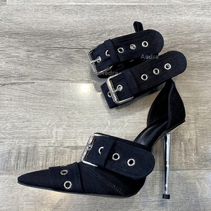Sandalias de tacón alto fino metálicas plateadas brillantes para mujer, estilo punk sexy con hebillas, correa al tobillo, punta puntiaguda y tiras, tacón de aguja, para verano. - Product Image 5