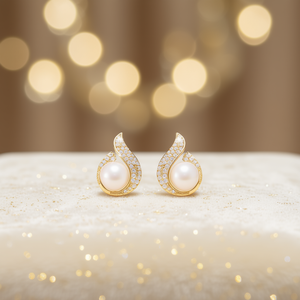 Orecchini a perla d'oro E2483 con diamanti taglio brillante rotondo a goccia con montatura a castone per donna, lusso da matrimonio - Product Image 2