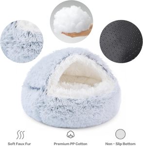 Coussin pour chien moelleux à capuche, fond antidérapant, luxe, forme donut, motif uni, 100% coton, amovible, lavable, respirant, toutes saisons - Product Image 2