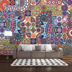 Tissu mural patchwork mandala bohème coloré, motif géométrique ethnique, <span class=keywords><strong>papier</strong></span> <span class=keywords><strong>peint</strong></span> non tissé pour salon - Product Image 1