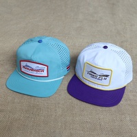 Casquette Snapback 5 Panneaux à Visière Plate avec Corde, Logo Tissé Personnalisé, Trous Découpés au Laser, Séchage Rapide, en Nylon, pour Pêche en Extérieur – Vente Chaude en Gros