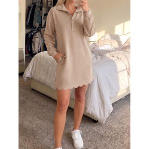 Vestido Camisero para Mujer, Manga Larga, Cuello en V, Dobladillo Festoneado, Bolsillos, Botones, Estilo Polo, Ligero, Casual, Tejido Sólido, 100% Algodón - Product Image 4