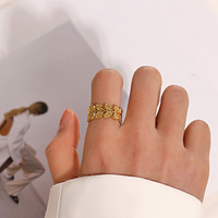 Bague en acier inoxydable motif feuille pour femme, style vintage ethnique, plaqué or véritable, ajustable, pour l'index, tendance européenne et américaine
