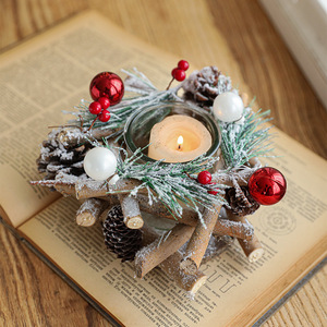 Portavelas de cristal LANJO con diseño festivo de ramas de madera, conos de pino y bayas, para centro de mesa navideño. - Product Image 2