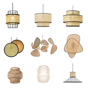 Popular Wholesale Natural Bamboo Material Handcraft Lampshade Led Lights Restaurant Handmade Rattan Ceiling Light Pendant Lamp