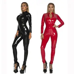 Siyah wetlook PVC Bodysuit seksi Bodycon erotik açık kasık clubwear rahat fermuar tam vücut fetiş lateks Catsuit