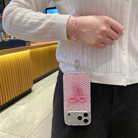 Coque de téléphone de luxe Preppy Bling Bling avec perles et strass, motif nœud, pour iPhone 18 17 Pro Max 16 15 14 13, avec dragonne en cristal, protection intégrale