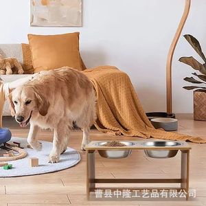 Bamboo and wood <b>tall</b> pet feeding stand, movable stainless steel double bowl food bowl stand, cat and dog dining <b>table</b>. - Product Image 3