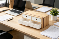 Organisateur de bureau à 4 tiroirs en bambou, armoire de rangement multifonctionnelle pour fournitures de bureau, organisation de cosmétiques et de maquillage