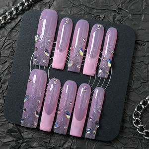 Faux ongles carrés en acrylique faits à la main, couvrance totale, forme cercueil, design rose avec strass, vente en gros - Product Image 3