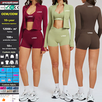 Ensemble de yoga personnalisé en gros, nouveau, couleur nude, décontracté, avec fermeture éclair, pour femmes, pour le fitness, la course en extérieur, soutien-gorge de sport, short et veste, ensemble 3 pièces