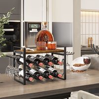 Porte-vin en métal pour comptoir, porte-vin de table en bois naturel, support de rangement pour 8 bouteilles avec plateau en bois