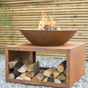 Table de foyer extérieur en acier Corten durable avec rangement pour bûches, foyer de jardin rustique, foyer à bois portable pour patio, CE 9999 BTU - Product Image 1