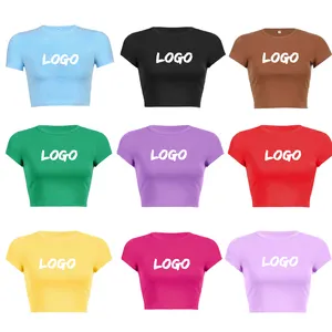 Custom LOGO High Quality 100% Cotton Plus Size Women's Crop Top Blank Puff Rhinestone Plain Sexy Fitted Tank Top Ribbed T-shirts