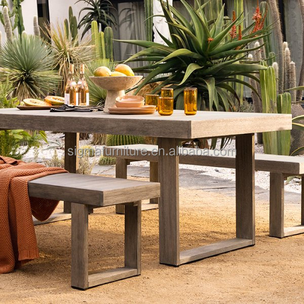 Outdoor wholesale park beach teak wood patio picnic dining table and chairs set with dining bench