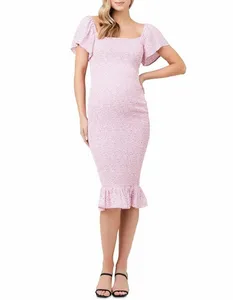 2022 Summer Elegant Pregnant Women Short Sleeve Shirred Floral Smocked Maternity Midi Dress