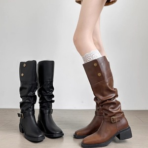 Foldable Cuff Western <strong>Boots</strong> Women <strong>Slouch</strong> Stacked Chunky Heel Mid Calf Rider Factory Wholesale - Product Image 1