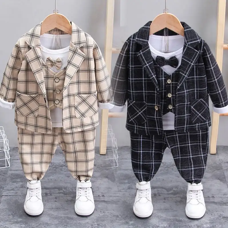 0-5 anni bambini vestito scozzese ragazzi autunno manica lunga t-shirt + cappotto + pantaloni 3 pezzi vestito moda bambino ragazzi vestito da partito Set