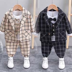 Ensemble Costumes Garçons Plaid 0-5 Ans Automne, T-shirt Manches Longues+<span class=keywords><strong>Manteau</strong></span>+Pantalon, Ensemble 3 Pièces Robe de Fête Mode pour Tout-Petits - Product Image 1