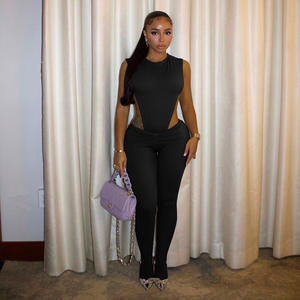 طقم نسائي مثير من قطعتين بدون أكمام مثير للفتيات الجوف خارج الجسم وقصة ضيقة الصيف مجموعات صلبة من قطعتين - Product Image 6