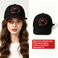 Casquette décontractée en gros avec broderie amusante de chat noir, casquette de baseball en coton à visière incurvée pour femmes et hommes