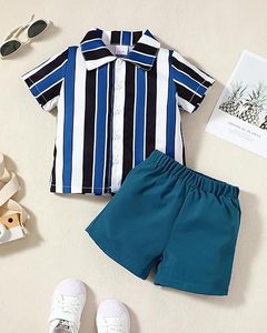Vêtements d'été pour garçons <span class=keywords><strong>de</strong></span> haute qualité beau costume Style britannique nouvelle <span class=keywords><strong>chemise</strong></span> à manches courtes rayée marine pour enfants ensemble deux pièces - Product Image 1