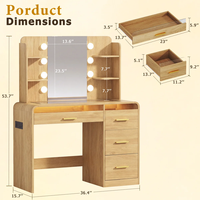 Table de maquillage en MDF imitation bois avec miroir éclairé, plateau en verre et 4 tiroirs – Vente en gros