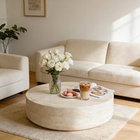 Table basse minimaliste à profil bas, aspect travertin, en fibre de verre, pour appartement