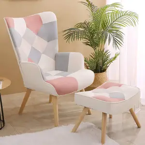 Avec pouf, tabouret de salon et ensemble ottoman, fauteuil latéral confortable de chambre à coucher, surface en tissu patchwork créatif, rose