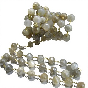 Natural Multi Moonstone Silverite AB Coated Round Briolette Faceted 6 to 9mm Beaded <b>Rosary</b> Chain - Product Image 1