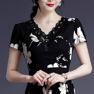 V Neck Floral Print Short Sleeve Midi Dress Tight Waist Breathable Casual Daily Wear Women's Dress - Product Image 3