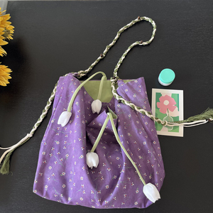 Original Handmade Spring/Summer New Arrival <b>Lilac</b> Color-Block Shoulder <b>Bag</b> Vintage Floral Cotton Crossbody <b>Bag</b> for Women - Product Image 3